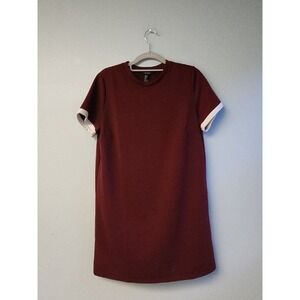 Forever 21 Women's Dress M‎ Shift Burgundy White Short Sleeve Scoop Neck Stretch